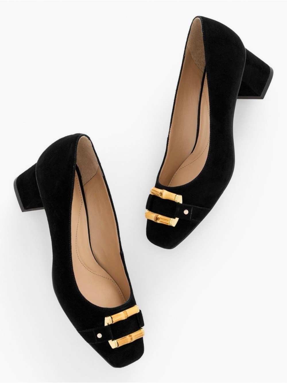 Talbots Carlyle Black Suede Bamboo Buckle Pumps Block Heel Size 5.5‎ M